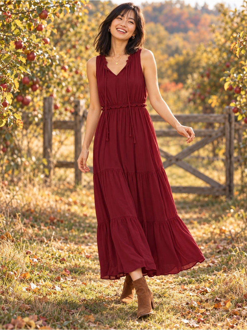 Kirundo Wine Red Ruffle Neck Tiered Boho Maxi Dress Medium